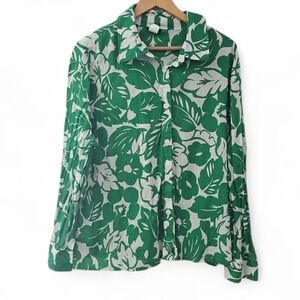 Kate Spade Green Floral Button Front Shirt 100% Cotton Women’s Sz L Summer Prep